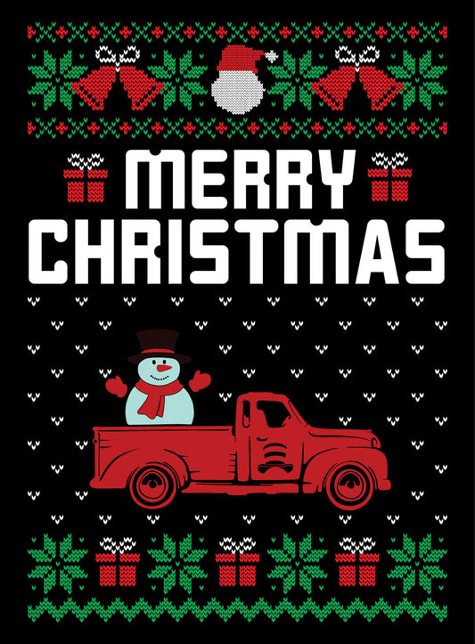 Merry Christmas Snowman on Pickup Truck Ugly Sweater Party Ready To Press DTF Transfer