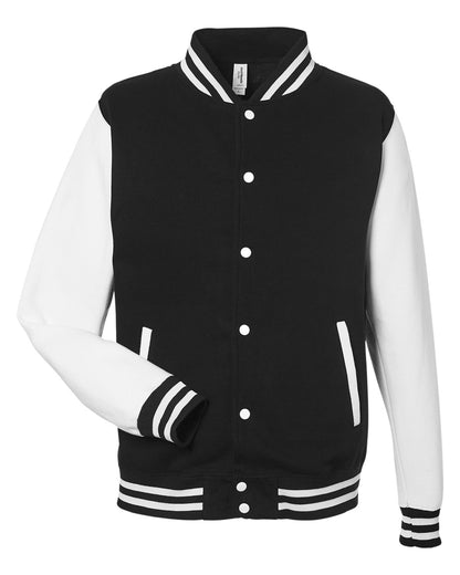 Just Hoods By AWDis Men's Heavyweight Letterman Jacket JET BLACK WHITE